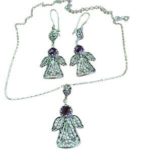 Patricia Nash NWOT Filigree Sterling Silver Amethyst Angel Necklace Earring Set